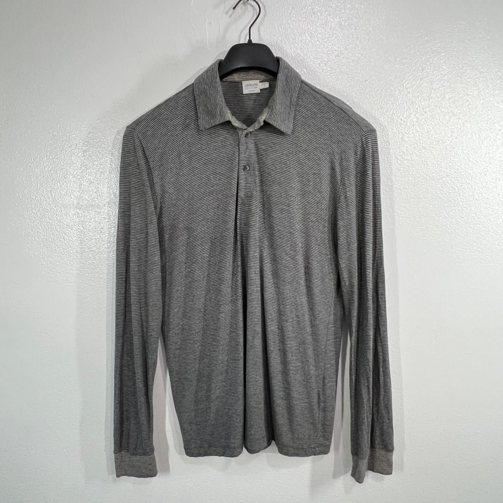 Armani Collezioni Mens Large Long Sleeve Polo Shirt Gray White Fine Stripe Italy